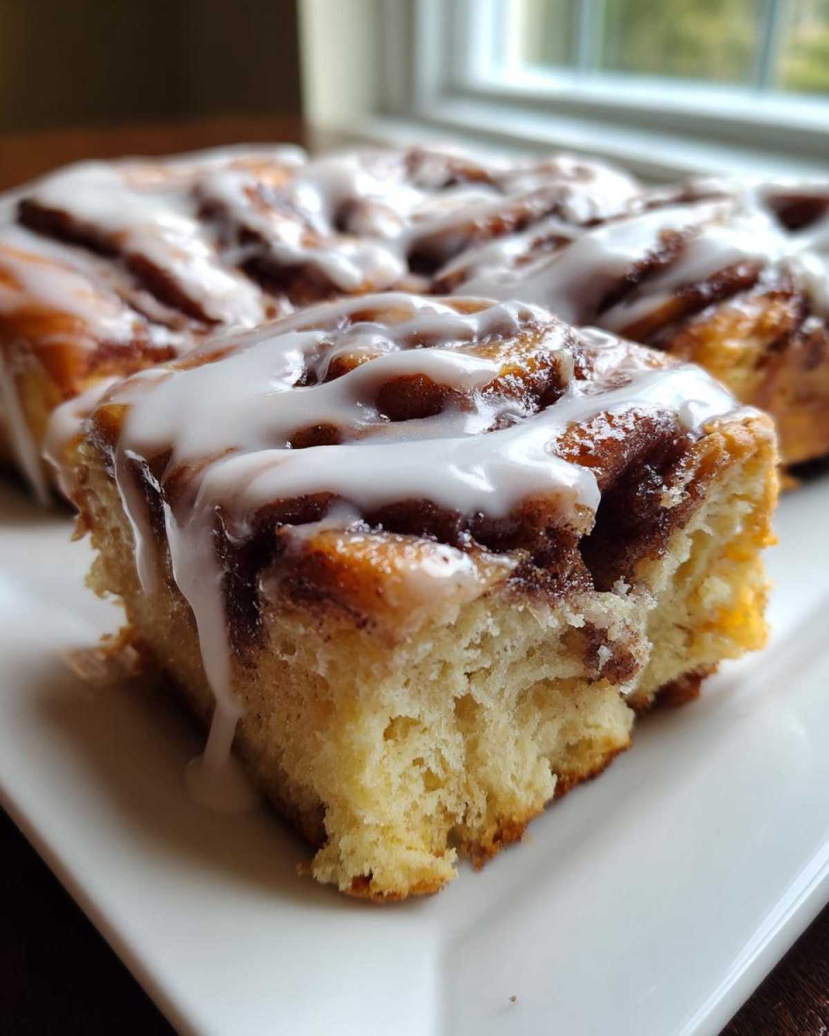 Close-up of a fluffy slice from the Easy Sheet Pan Cinnamon Roll Bake, drizzled heavily with white icing.