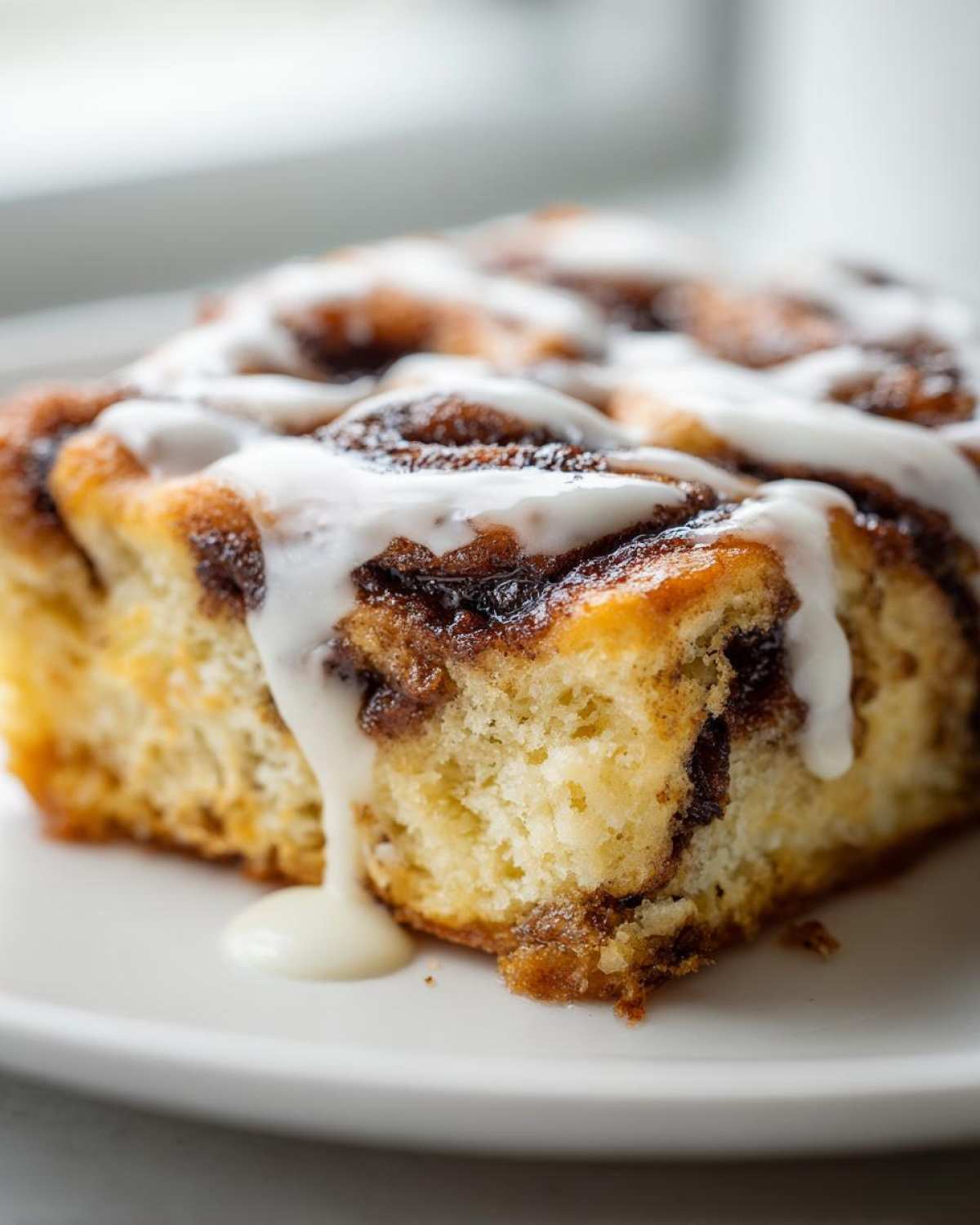 A close-up of a fluffy slice from the Easy Sheet Pan Cinnamon Roll Bake, drizzled with white icing.
