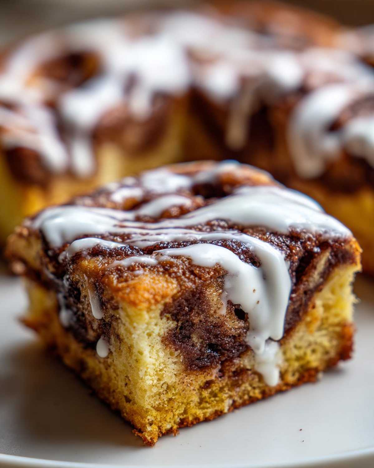 Close-up of a square slice of Easy Sheet Pan Cinnamon Roll Pancake Bake drizzled with white icing.