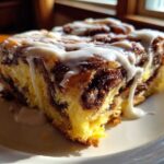 Close-up of a moist slice of Easy Sheet Pan Cinnamon Roll Pancake Bake drizzled with white icing.
