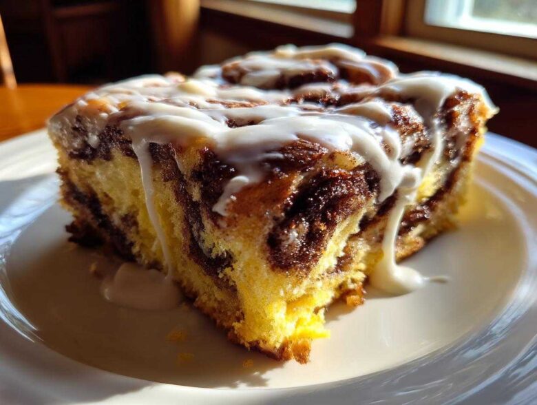Close-up of a moist slice of Easy Sheet Pan Cinnamon Roll Pancake Bake drizzled with white icing.