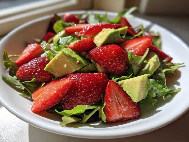 A vibrant bowl of Easy Strawberry Avocado Salad featuring bright red strawberries, creamy avocado chunks, and mixed greens.