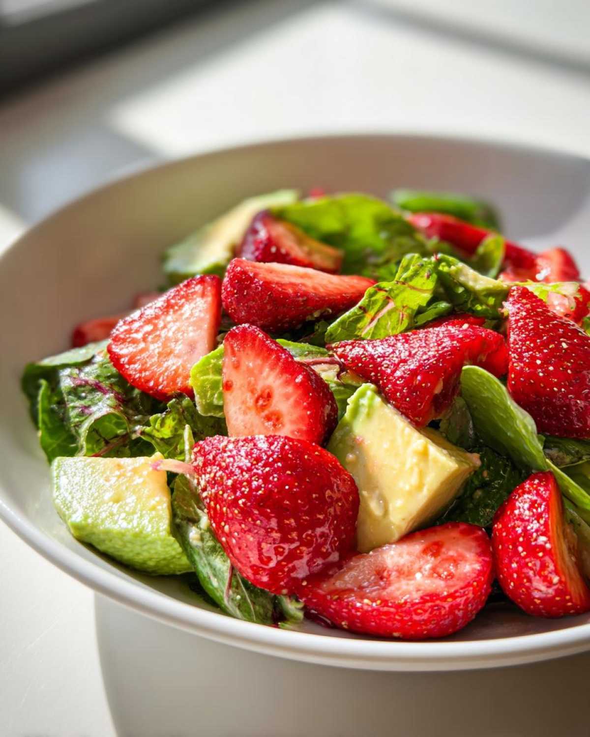 Vibrant close-up of an Easy Strawberry Avocado Salad featuring bright red sliced strawberries and creamy avocado chunks over mixed greens.