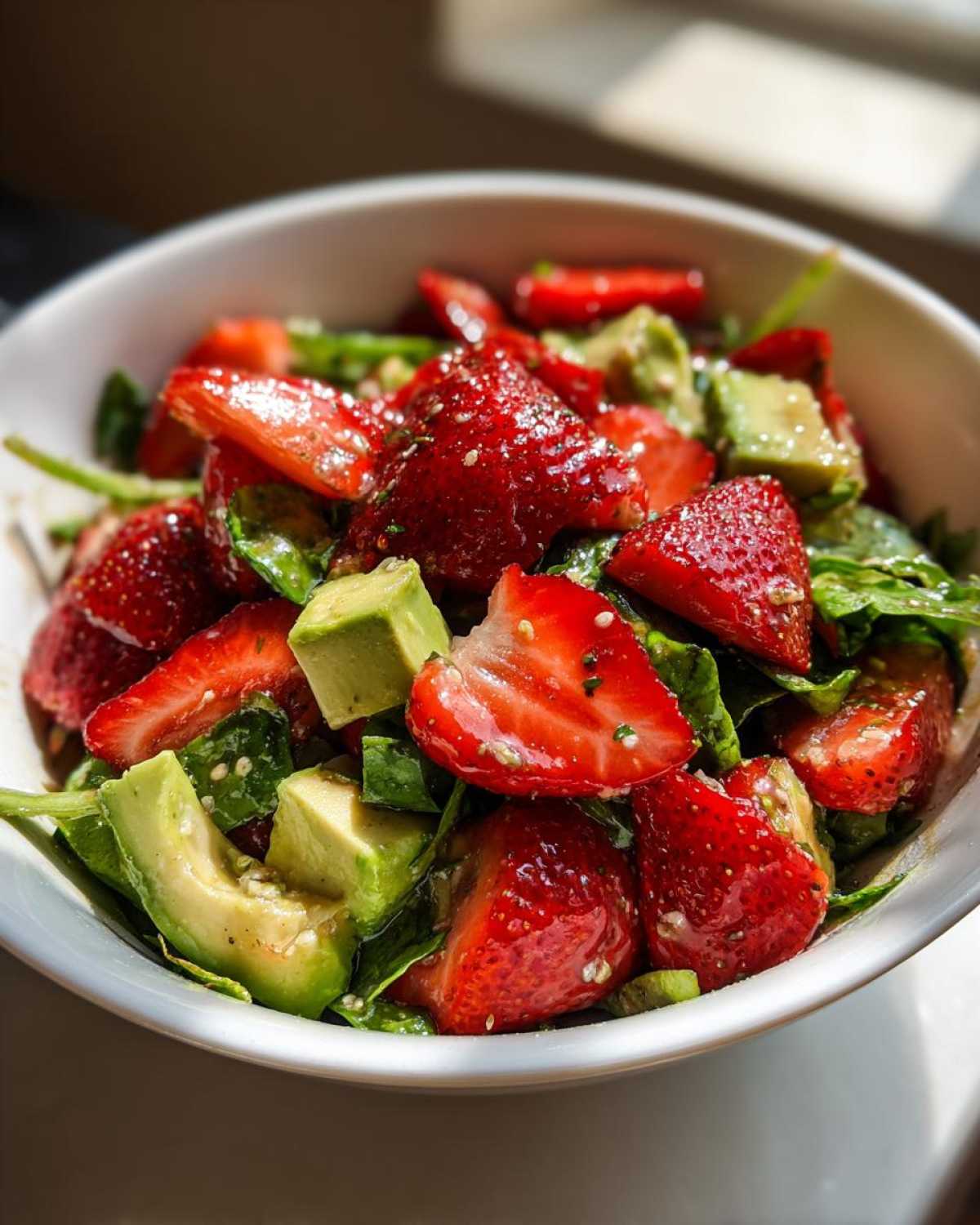 Close-up of a vibrant Easy Strawberry Avocado Salad featuring sliced strawberries, avocado chunks, and greens coated in vinaigrette.