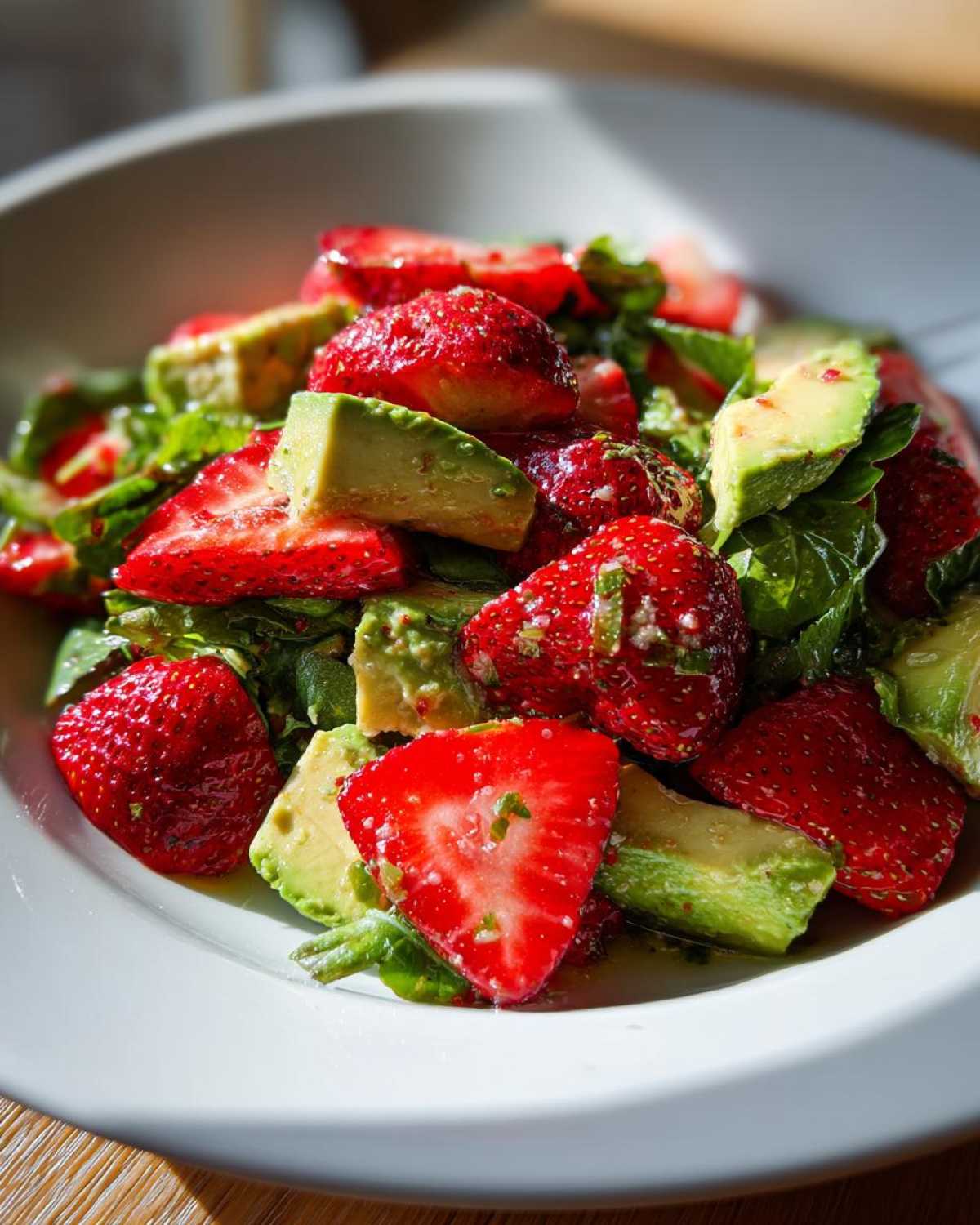 Vibrant close-up of Easy Strawberry Avocado Salad featuring sliced strawberries, avocado chunks, and greens tossed in a light dressing.