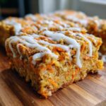 Close-up of a square slice of Gluten-Free Carrot Cake Baked Oats topped with white icing drizzle.