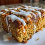 Close-up of a moist slice of Gluten-Free Carrot Cake Baked Oats topped with white drizzle icing.
