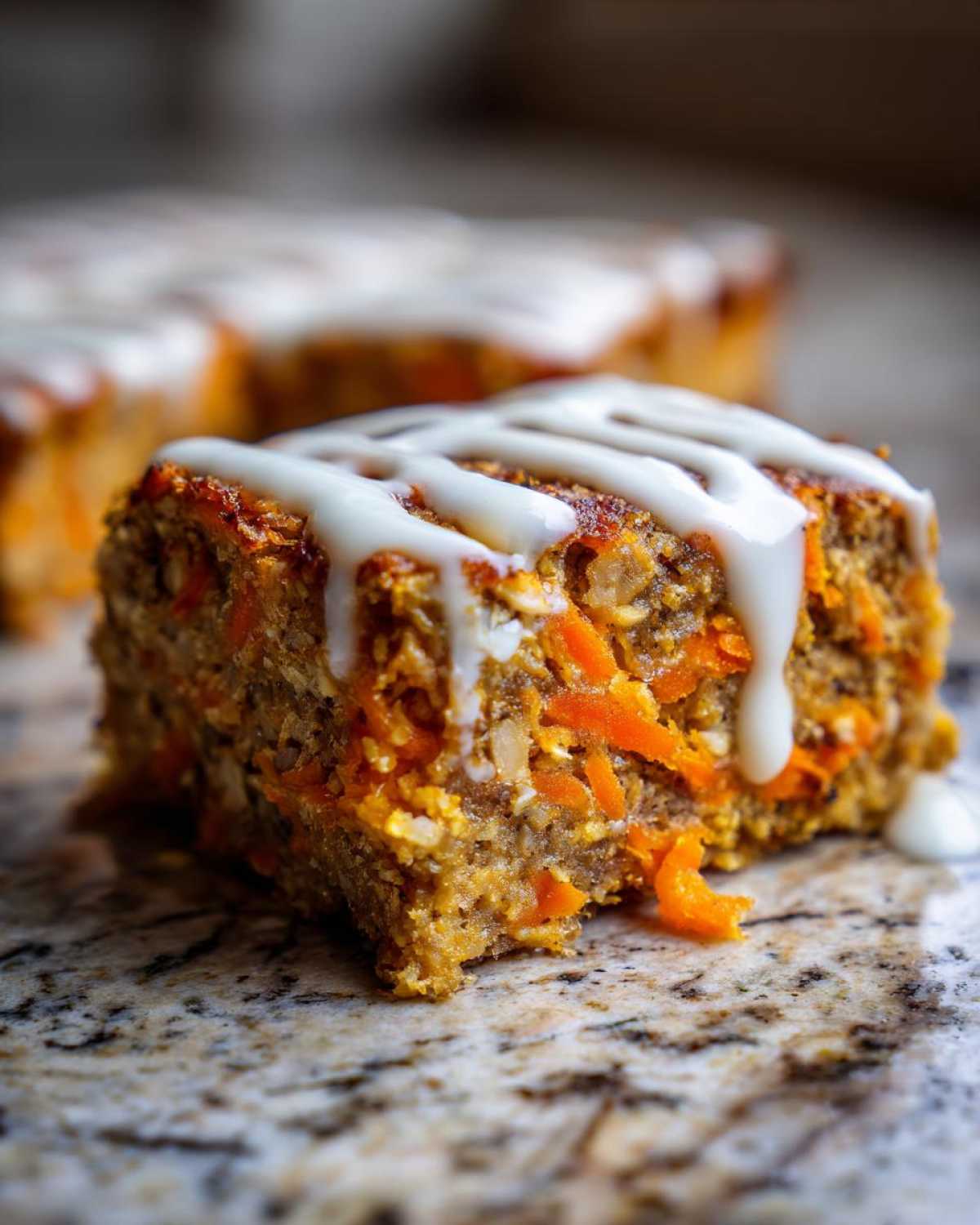 Close-up of a square serving of Gluten-Free Carrot Cake Baked Oats topped with thick white icing drizzle.