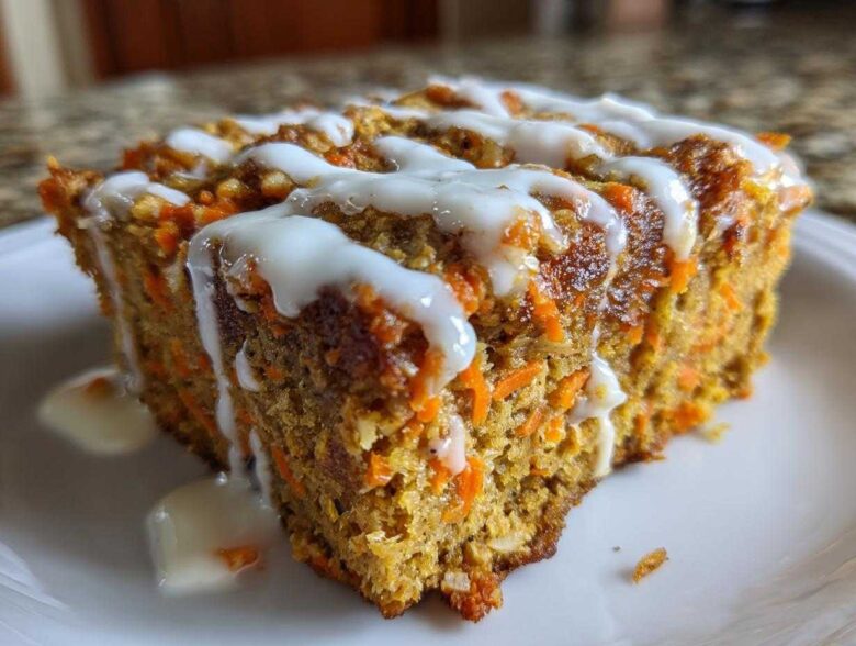 Close-up of a moist slice of Gluten-Free Carrot Cake Baked Oats topped with white drizzle icing.