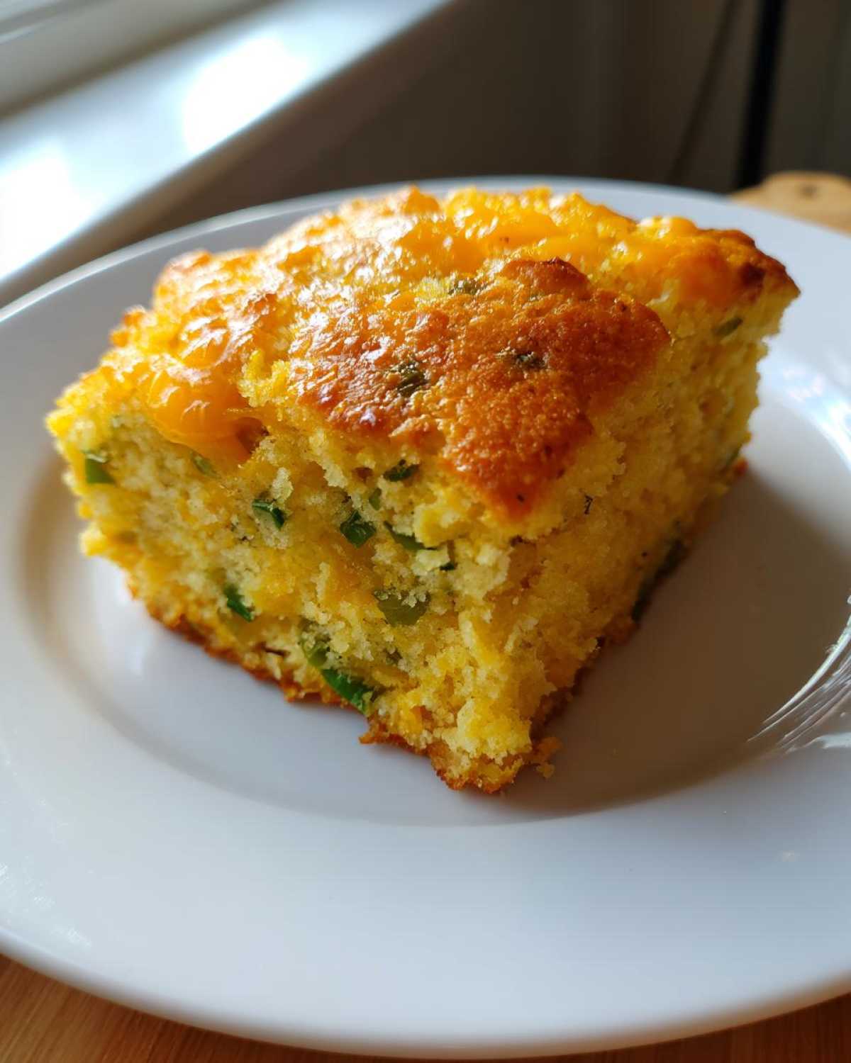 A close-up of a square slice of moist Gluten-Free Cheddar Jalapeno Cornbread topped with melted cheese.