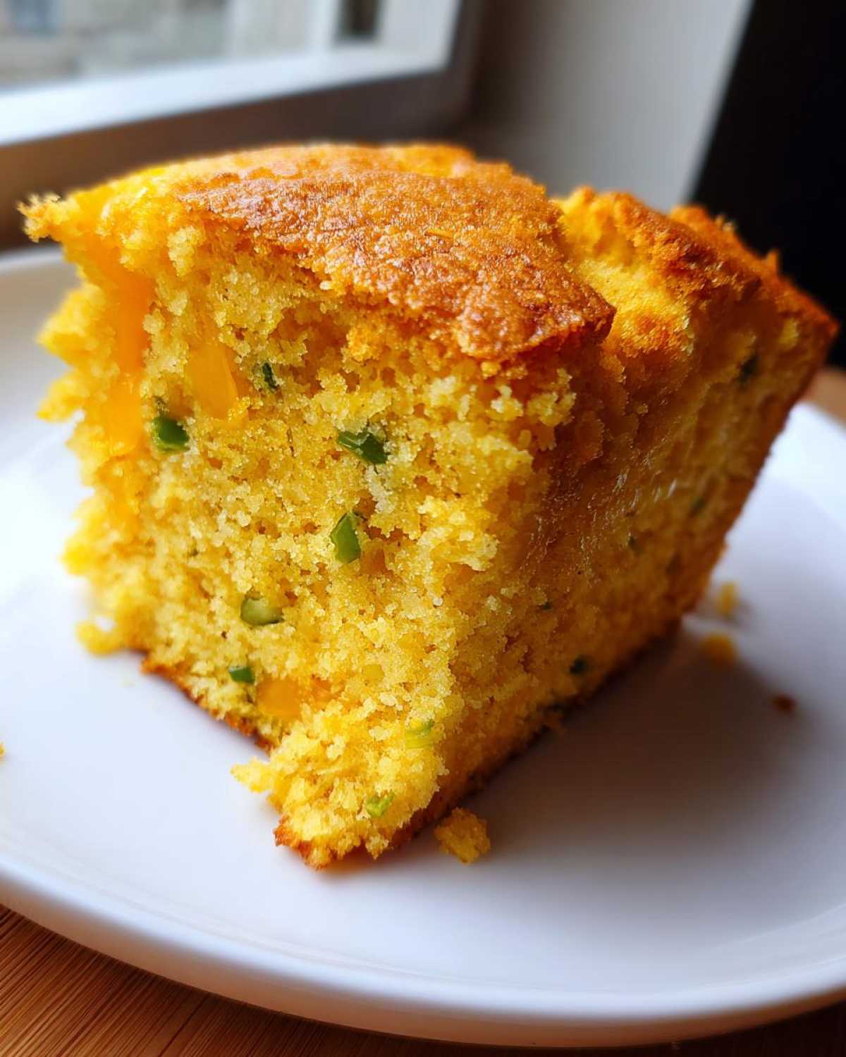 Close-up of a moist, golden slice of Gluten-Free Cheddar Jalapeno Cornbread with visible green jalapeno pieces.