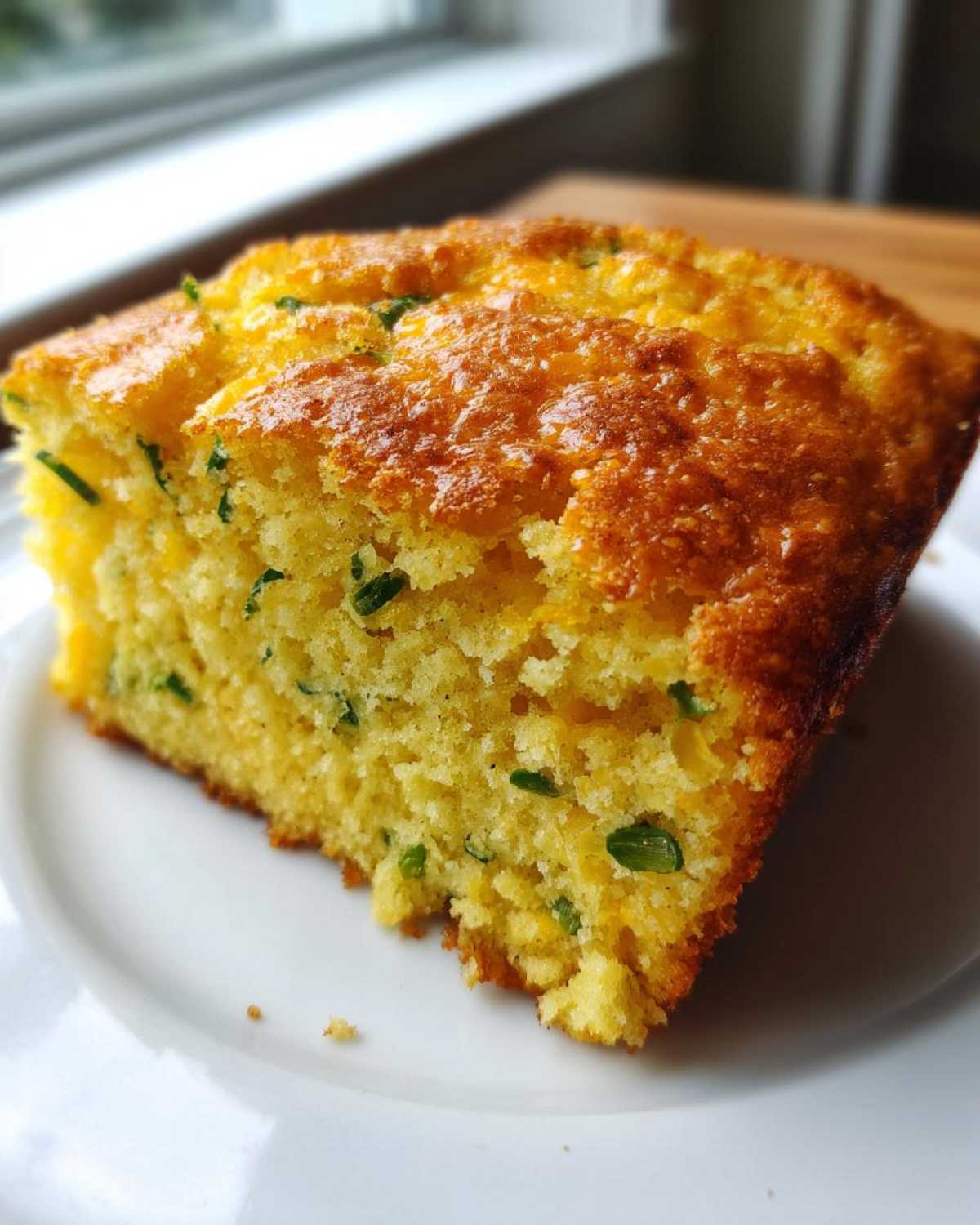 Close-up of a moist slice of Gluten-Free Cheddar Jalapeno Cornbread with visible green chives or jalapeno pieces.