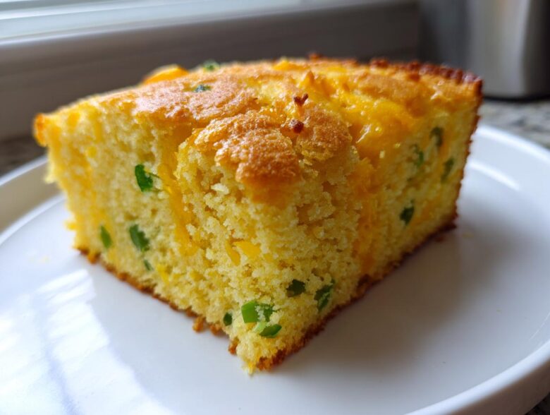 A close-up of a moist slice of Gluten-Free Cheddar Jalapeno Cornbread on a white plate.