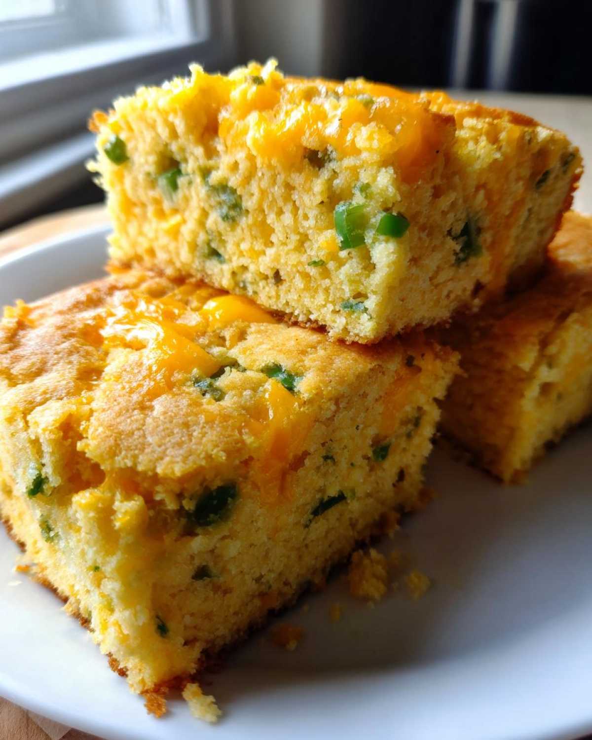 Close-up of three squares of moist Gluten-Free Cheddar Jalapeno Cornbread stacked on a white plate.