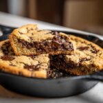 Close-up of a warm Gluten-Free Chocolate Chip Skillet Cookie with a gooey, melted chocolate center.