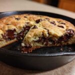 A freshly baked Gluten-Free Chocolate Chip Skillet Cookie with a slice removed, showing the molten, gooey chocolate center.