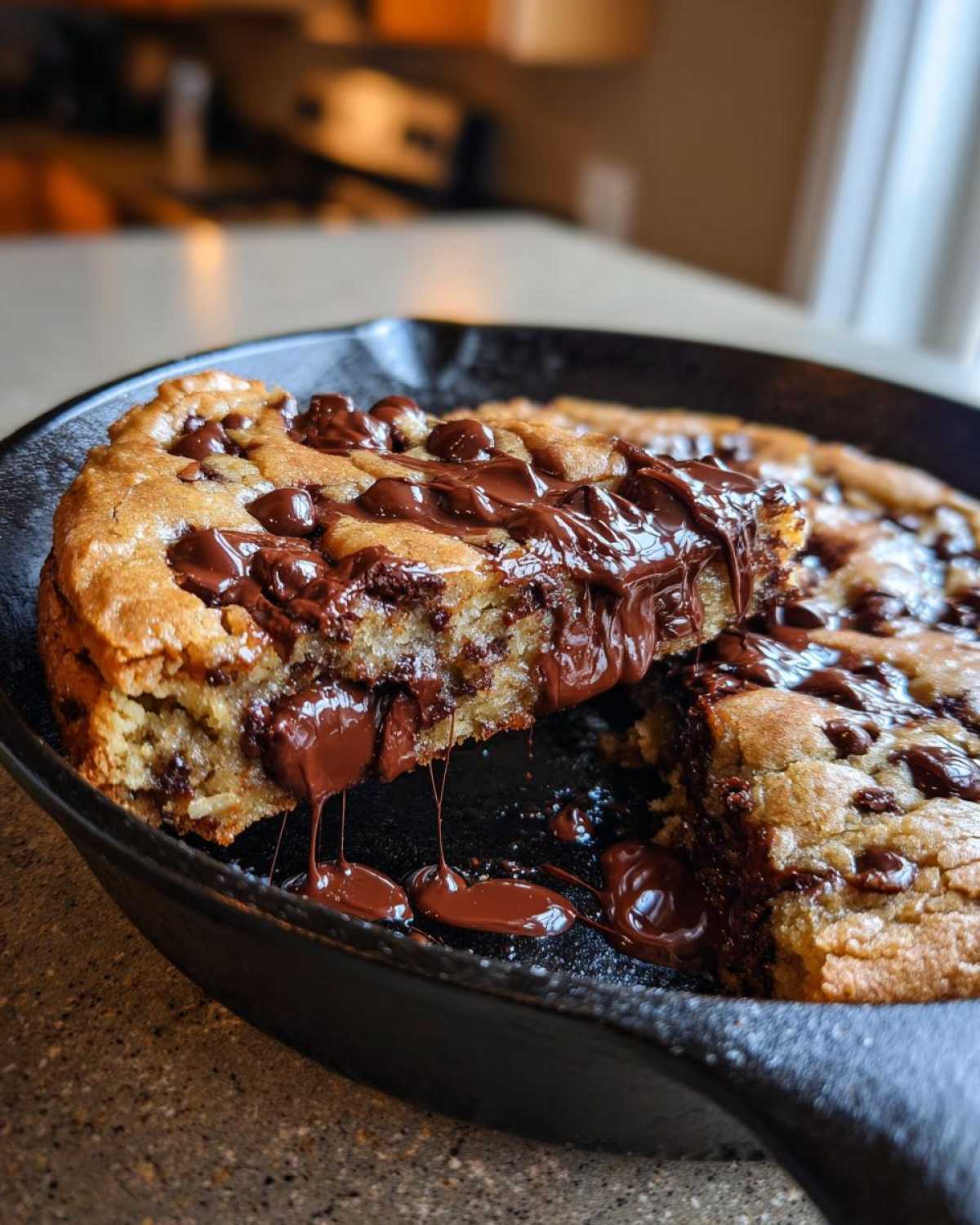 A slice being lifted from a warm Gluten-Free Chocolate Chip Skillet Cookie, showing gooey, melted chocolate dripping.