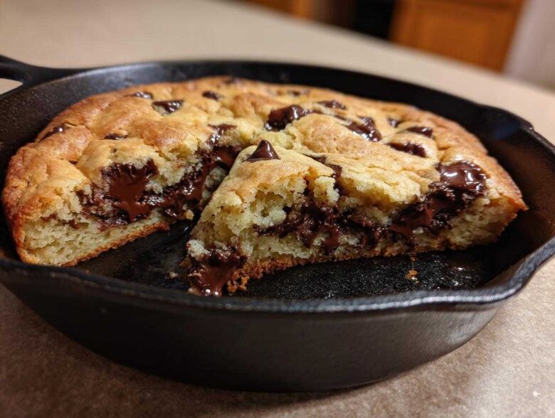 A freshly baked Gluten-Free Chocolate Chip Skillet Cookie with a slice removed, showing the molten, gooey chocolate center.