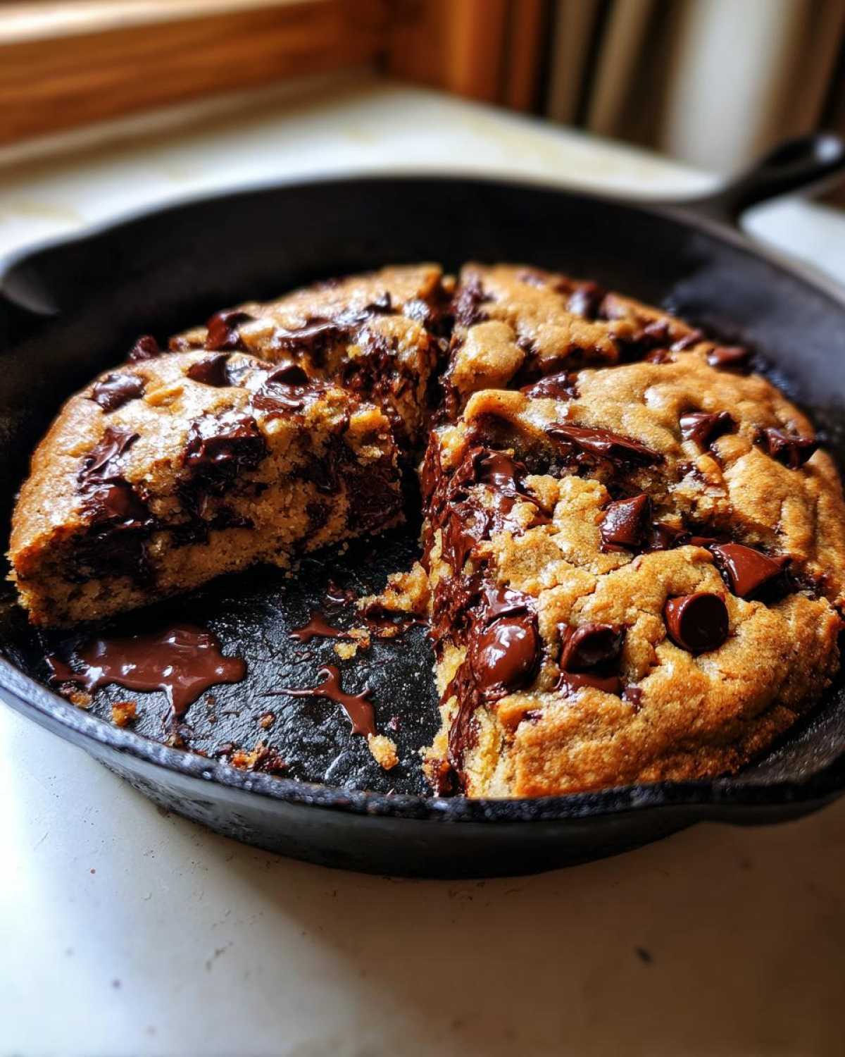 A freshly baked Gluten-Free Chocolate Chip Skillet Cookie, sliced in a cast iron pan with melted chocolate.