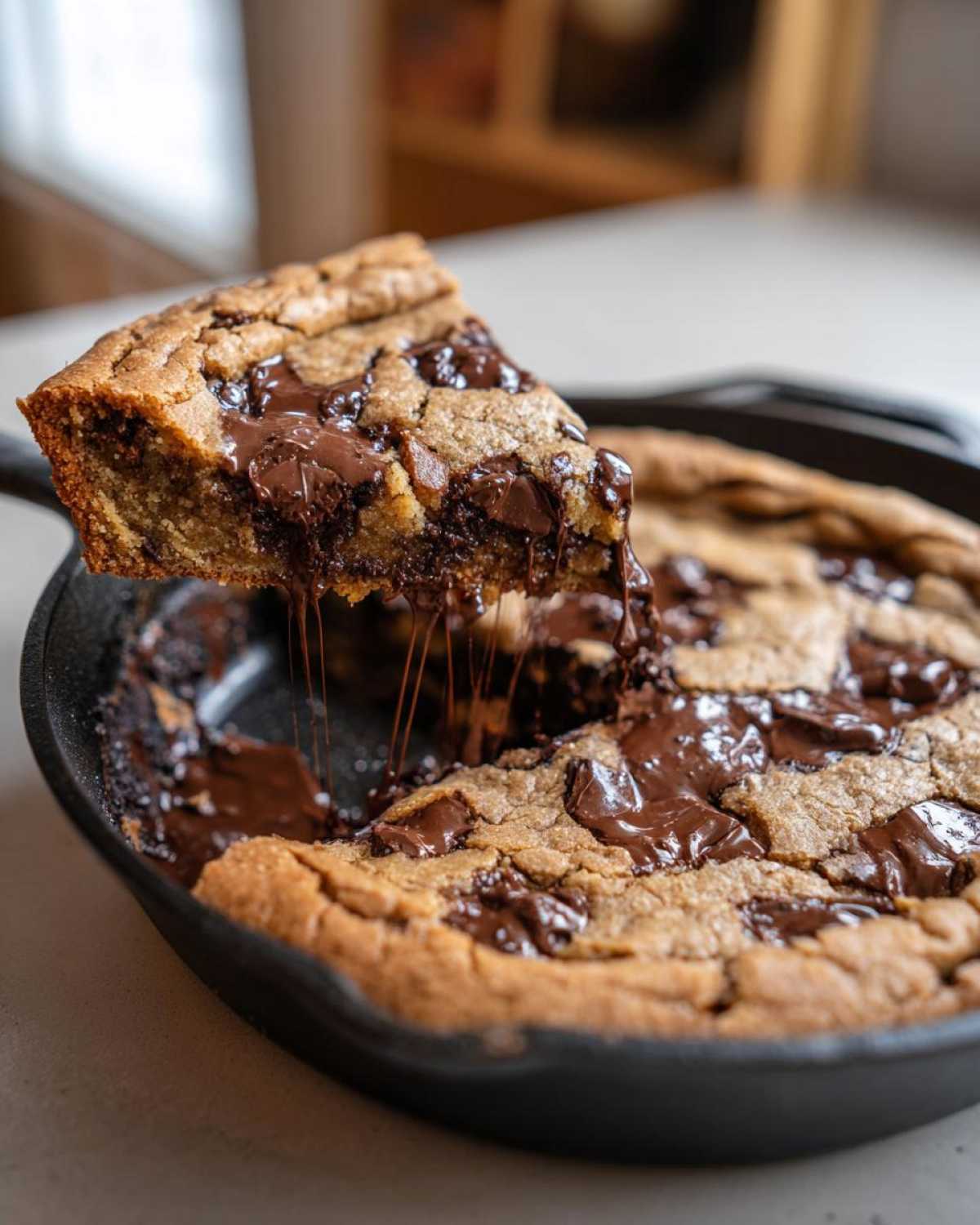 A slice being lifted from a warm Gluten-Free Chocolate Chip Skillet Cookie, showing melted, gooey chocolate stretching.