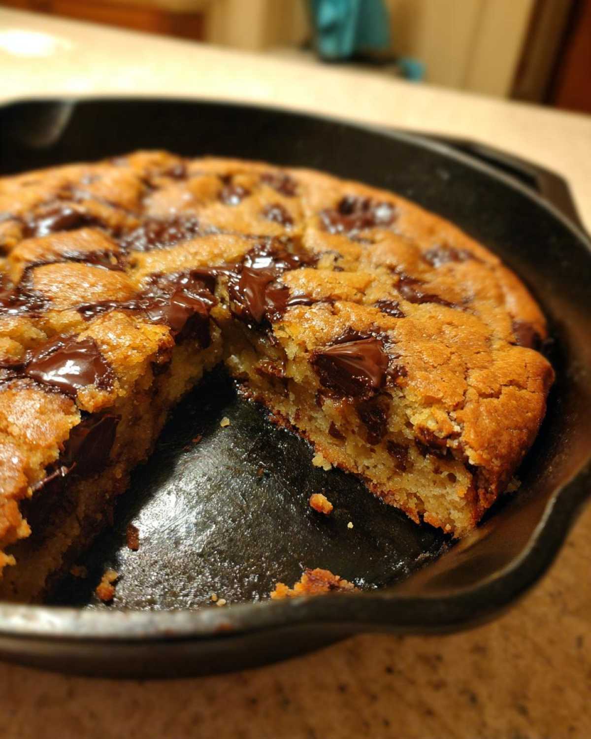 A warm Gluten-Free Chocolate Chip Skillet Cookie in a cast iron pan with one slice taken out, showing gooey melted chocolate.