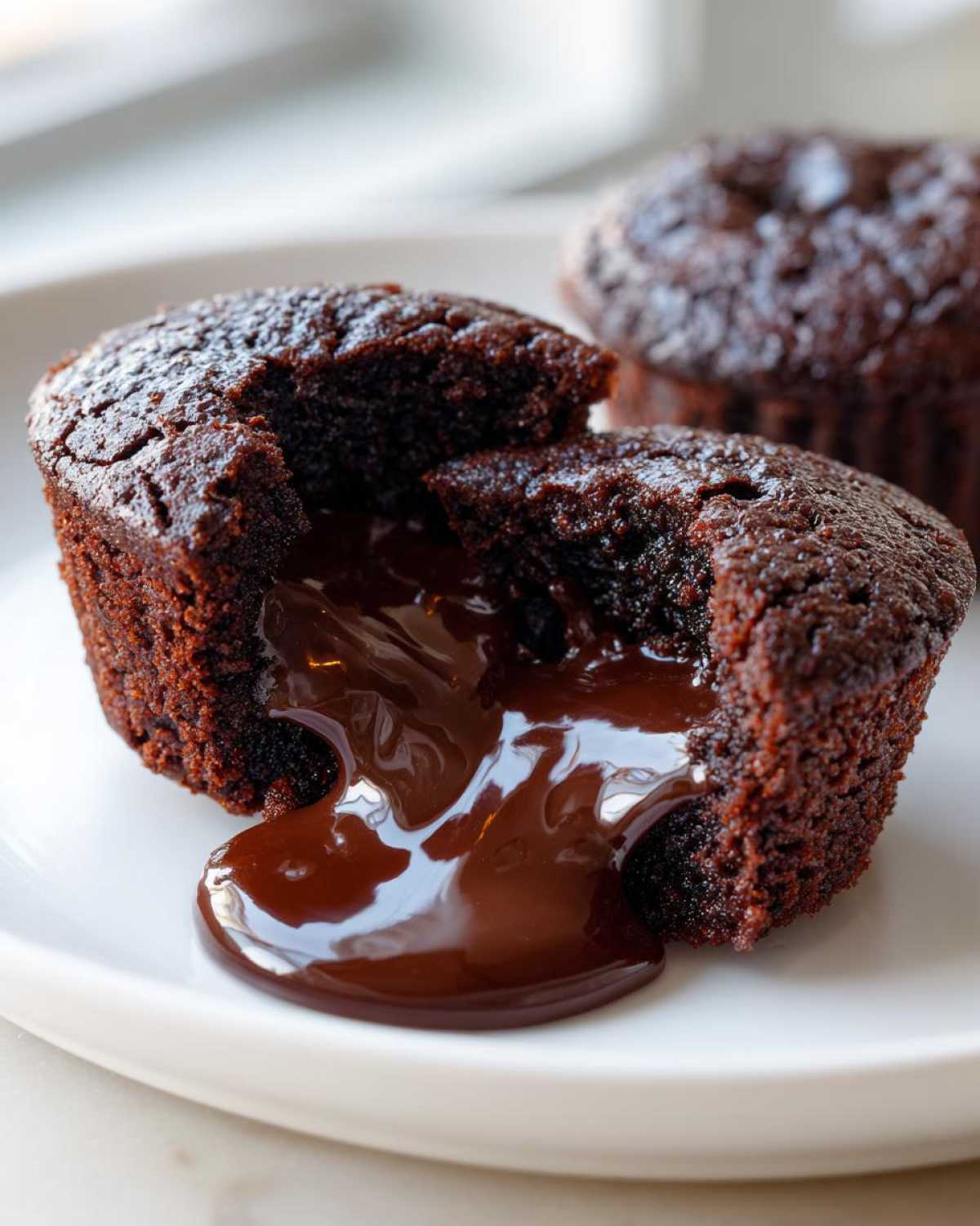 Close-up of a Gluten-Free Chocolate Lava Brownie Cup broken open, showing rich, flowing molten chocolate center.