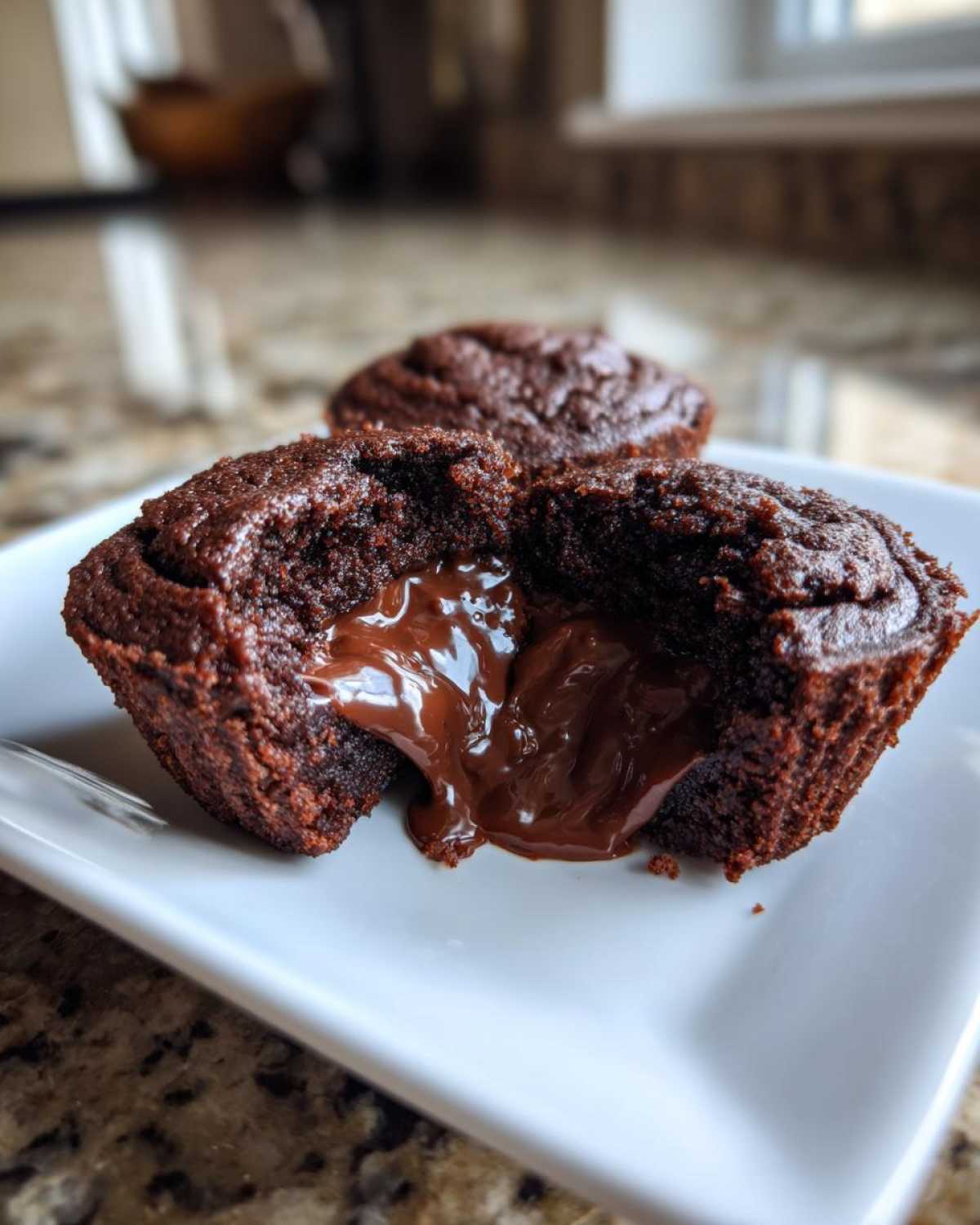 Close-up of a Gluten-Free Chocolate Lava Brownie Cup broken open, revealing a molten, gooey chocolate center.