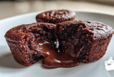 Close-up of a Gluten-Free Chocolate Lava Brownie Cup broken open, showing rich, molten chocolate flowing out.