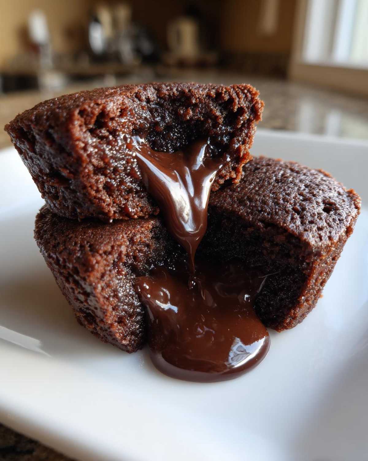 Close-up of Gluten-Free Chocolate Lava Brownie Cups cut open showing rich, melted chocolate oozing out.