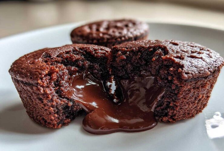 Close-up of a Gluten-Free Chocolate Lava Brownie Cup broken open, showing rich, molten chocolate flowing out.