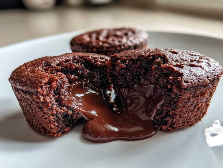 Close-up of a Gluten-Free Chocolate Lava Brownie Cup broken open, showing rich, molten chocolate flowing out.