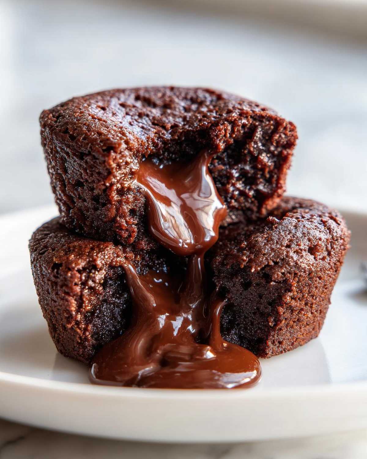 Two stacked Gluten-Free Chocolate Lava Brownie Cups with rich, melted chocolate oozing out of the center.