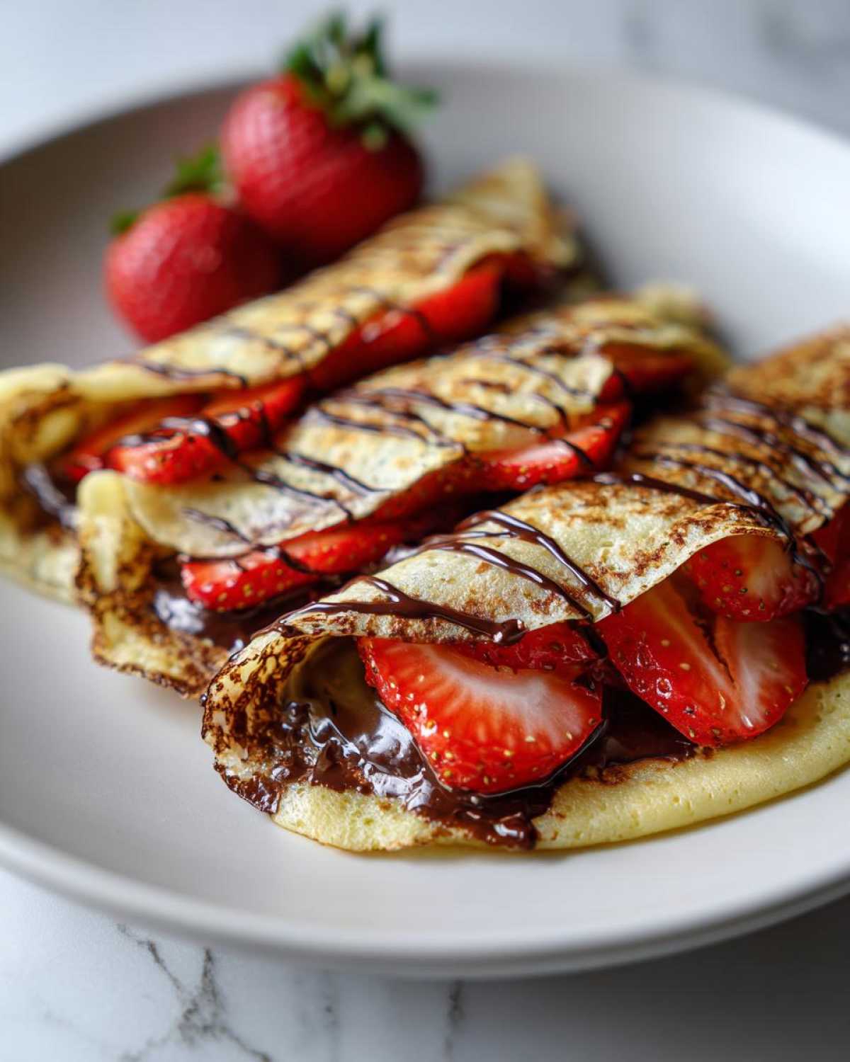 Close-up of folded Gluten-Free Chocolate Strawberry Crepes filled with fresh strawberries and drizzled with chocolate sauce.