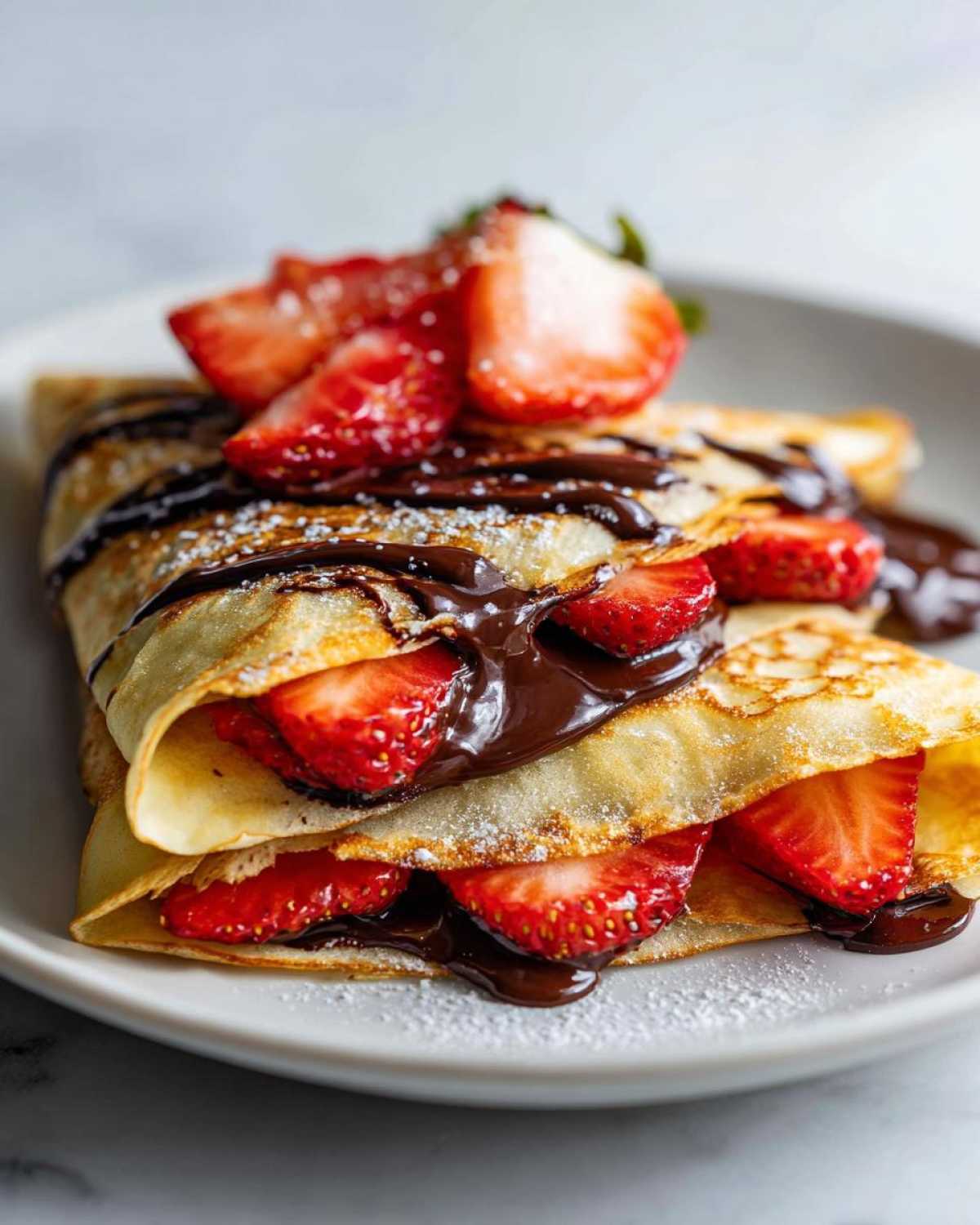 Two folded Gluten-Free Chocolate Strawberry Crepes drizzled with chocolate sauce and topped with fresh strawberries and powdered sugar.