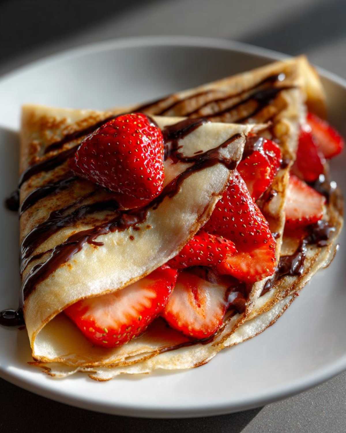 Close-up of a folded Gluten-Free Chocolate Strawberry Crepes filled with fresh strawberries and drizzled with chocolate sauce.