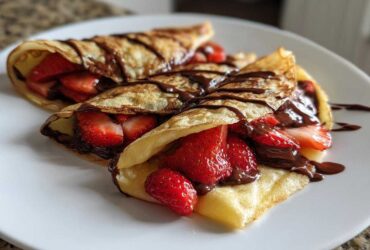 Close-up of three folded Gluten-Free Chocolate Strawberry Crepes drizzled with chocolate sauce on a white plate.