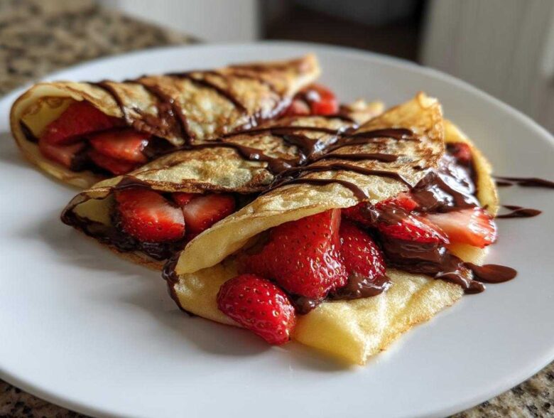 Close-up of three folded Gluten-Free Chocolate Strawberry Crepes drizzled with chocolate sauce on a white plate.