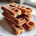 A stack of golden Gluten-Free Cinnamon Sugar Waffle Sticks heavily coated in cinnamon sugar.