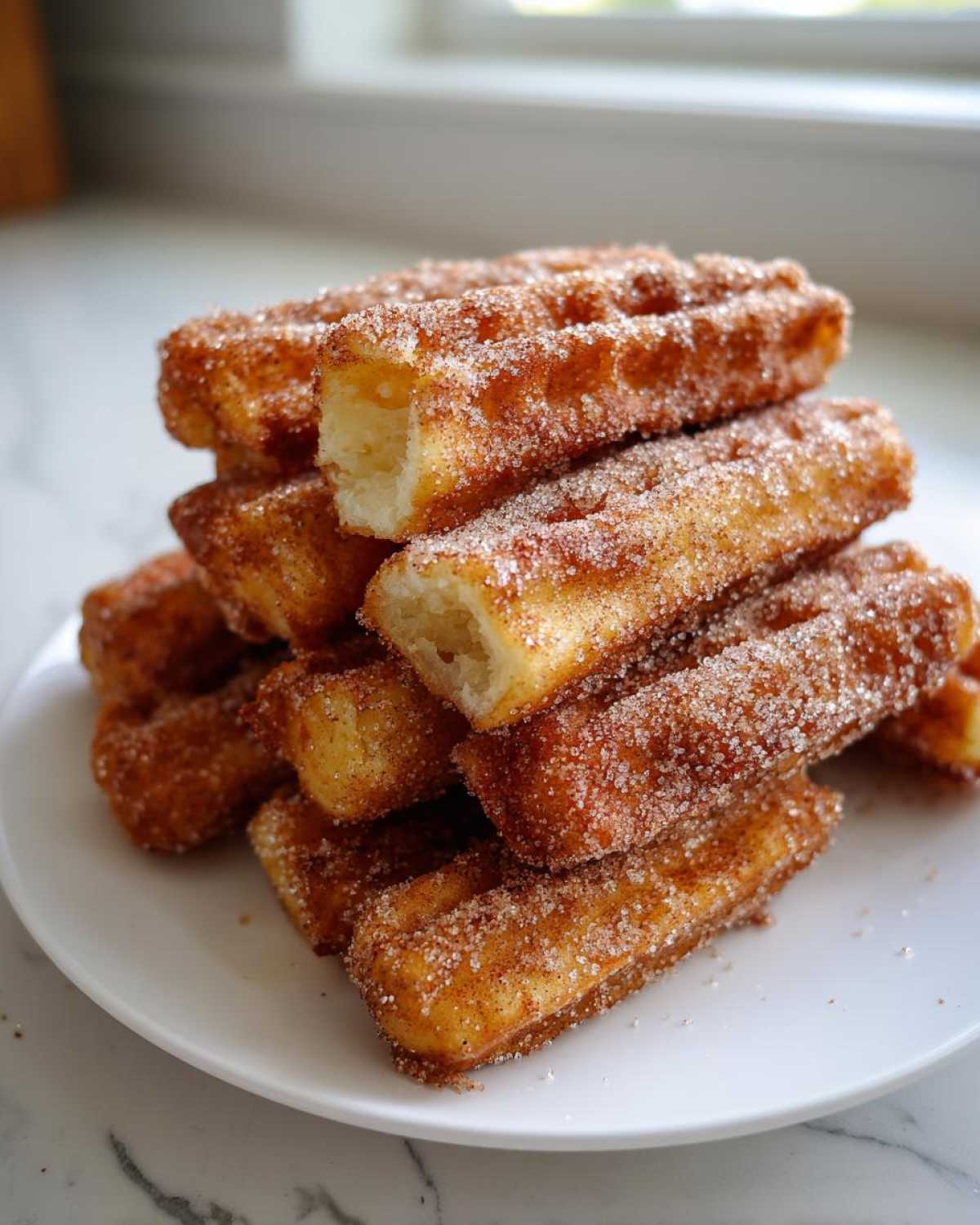 A close-up stack of golden Gluten-Free Cinnamon Sugar Waffle Sticks coated heavily in cinnamon sugar.