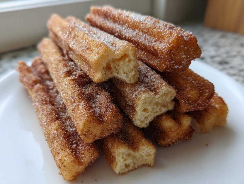A close-up stack of crispy Gluten-Free Cinnamon Sugar Waffle Sticks coated heavily in cinnamon sugar.