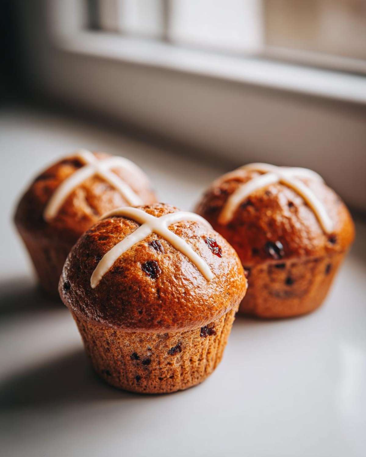 Close-up of three freshly baked Gluten-Free Hot Cross Bun Muffins with white icing crosses, sitting on a light surface.