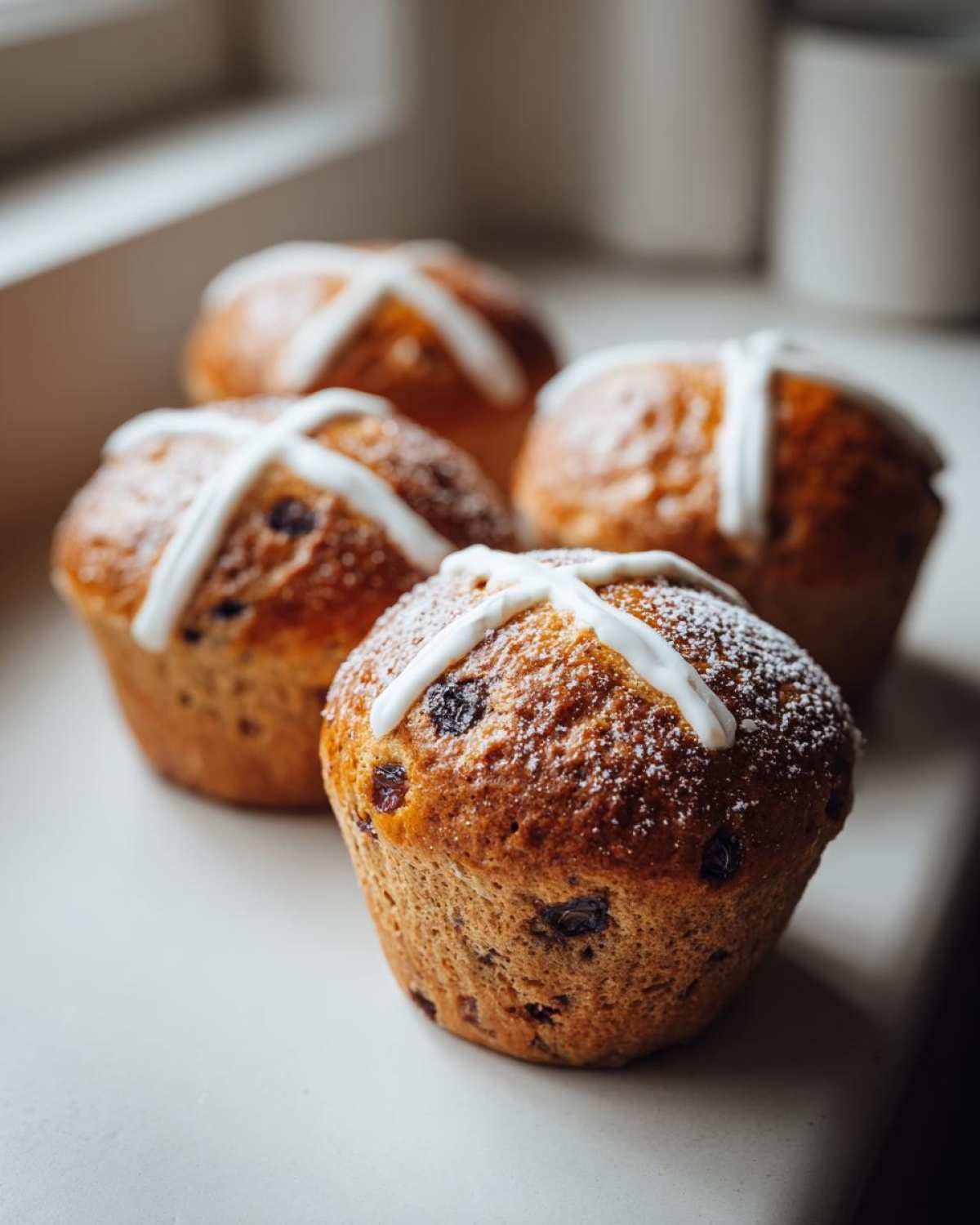 Four golden Gluten-Free Hot Cross Bun Muffins topped with white icing crosses and powdered sugar.