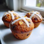 Three freshly baked Gluten-Free Hot Cross Bun Muffins topped with white icing crosses and candied fruit pieces.