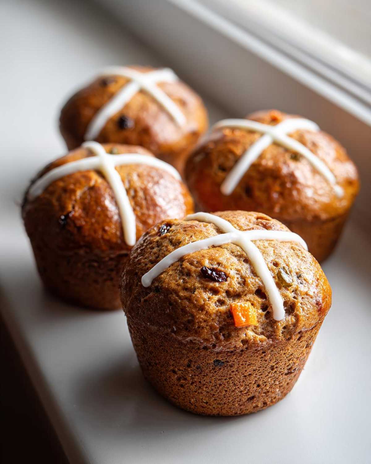 Four freshly baked Gluten-Free Hot Cross Bun Muffins topped with white icing crosses, sitting on a light surface.