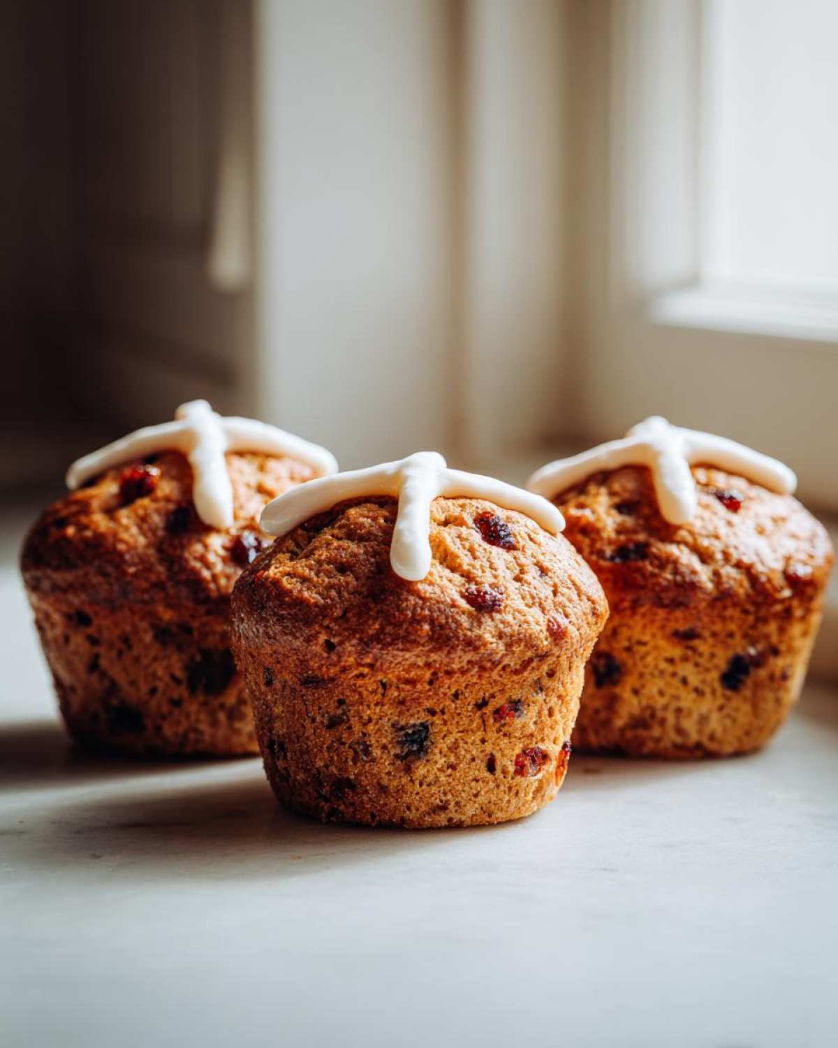 Three freshly baked Gluten-Free Hot Cross Bun Muffins topped with white icing crosses, sitting on a light surface.