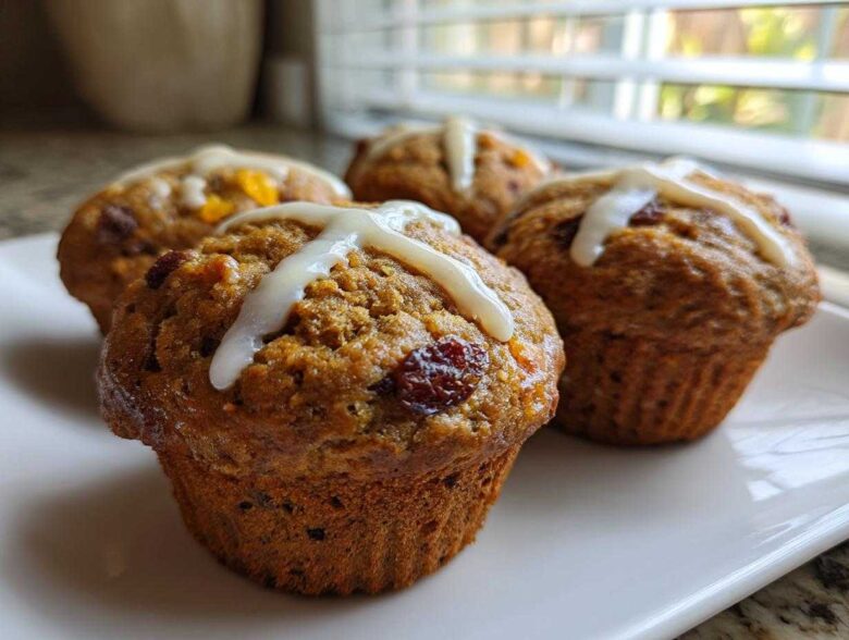 Four warm Gluten-Free Hot Cross Bun Muffins topped with a white icing cross, sitting on a white plate.