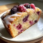 Close-up of a slice of Gluten-Free Lemon Berry Yogurt Cake topped with fresh berries and white glaze.