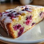 A close-up of a moist slice of Gluten-Free Lemon Berry Yogurt Cake topped with a white lemon glaze and baked-in berries.