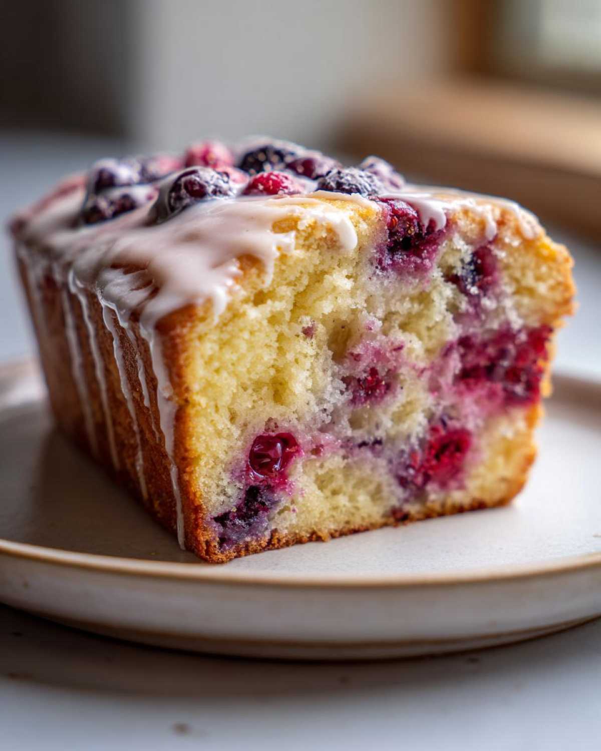 Close-up of a slice of Gluten-Free Lemon Berry Yogurt Cake showing moist crumb and berries, topped with white glaze.