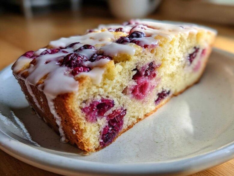 A close-up of a moist slice of Gluten-Free Lemon Berry Yogurt Cake topped with a white lemon glaze and baked-in berries.